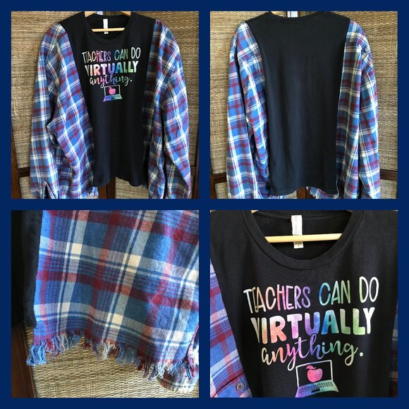 Reworked Flannel Tee, L-2XL: Upcycled Oversized Pullover Shirt, Teacher Graphic - Picture 11 of 11